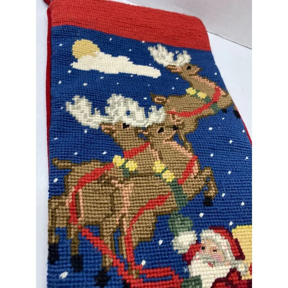 Vtg Stocking Santa Reindeer Needlework Pattern Velvety Back Christmas H9‎